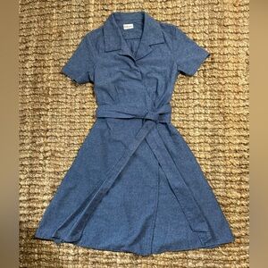 Bridge & Burn Linen Chambray Blue A-Line Denim Look Wrap Dress